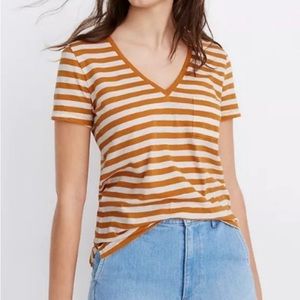 Madewell Striped Shirt Women’s Large - mustard yellow/orange striped v neck tee